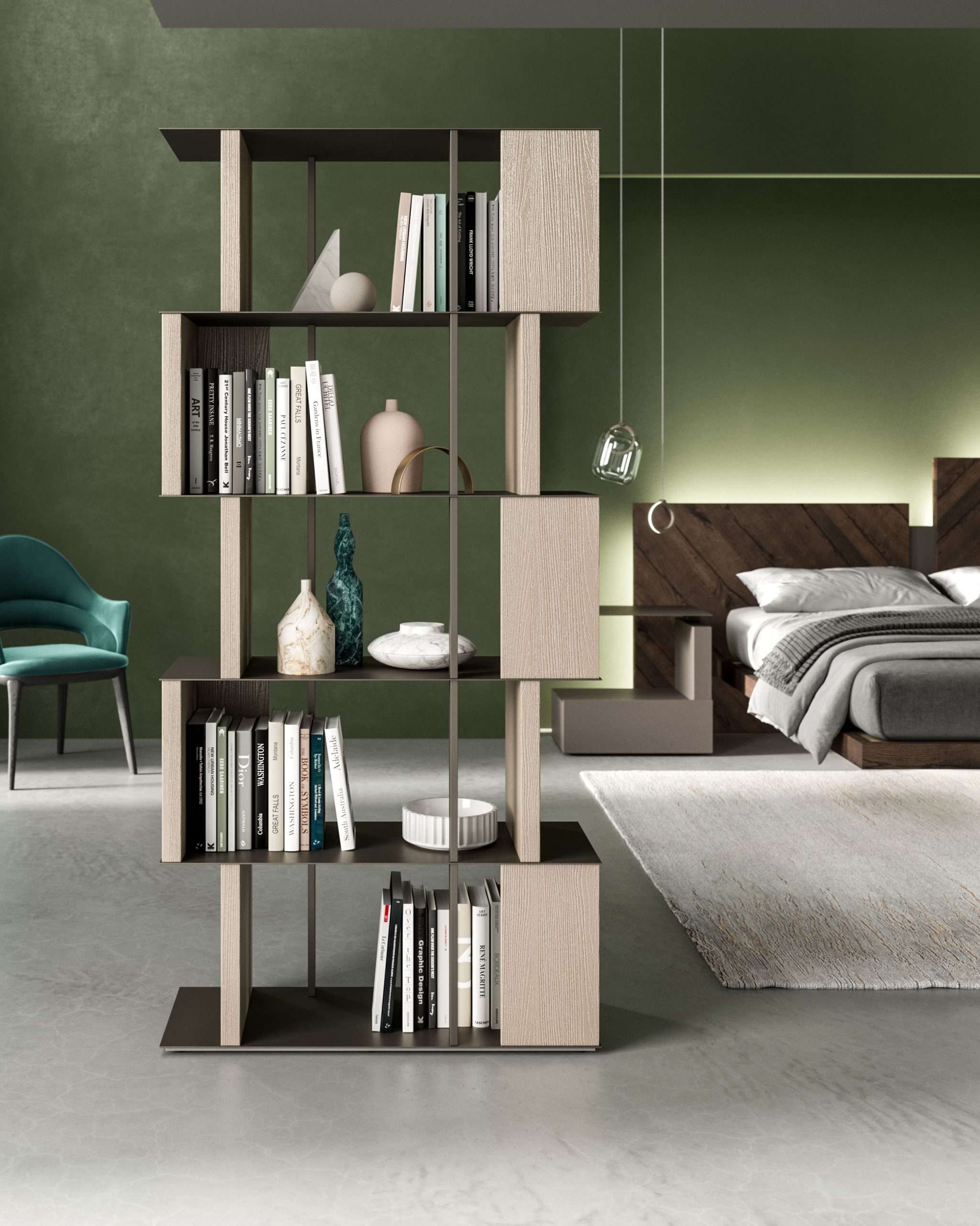 Modular wooden bookcase with books and decorative vases beside a bed in a green-walled bedroom.