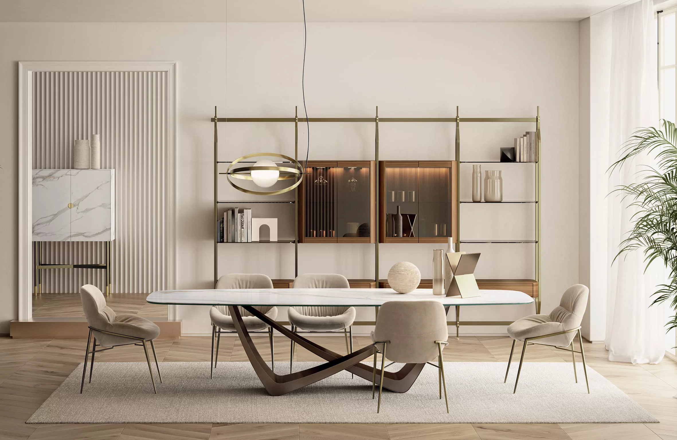 Elegant modern dining room with a glass oval table, beige upholstered chairs, and brass shelving along the wall.