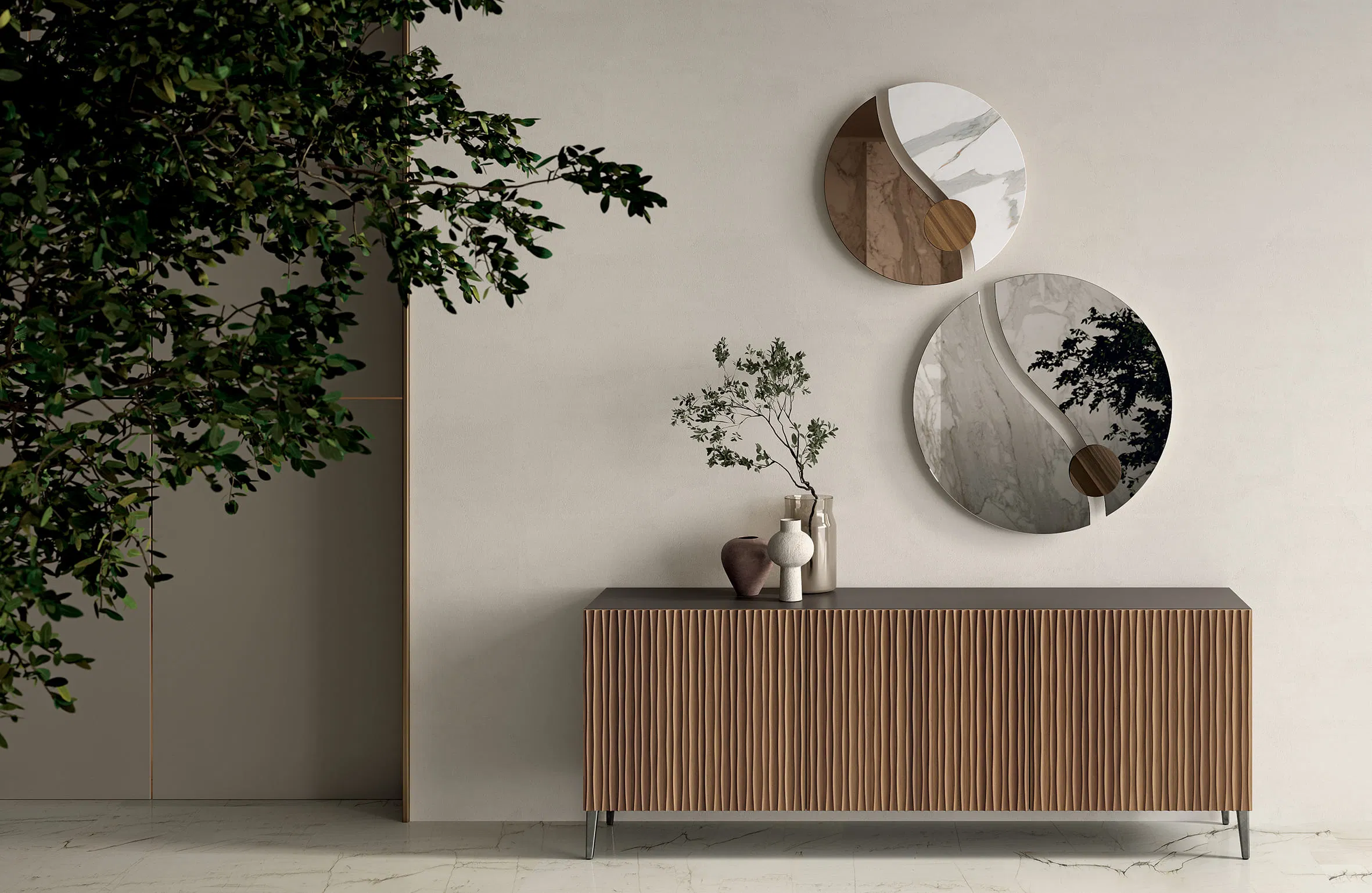Decorative living room scene with a ribbed wood sideboard, circular marble wall art, and lush green plant on the left.
