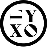 Circular logo with the letters HYXO arranged in two lines, and a diagonal black-and-white half-circle in the bottom-right within a thick black border.