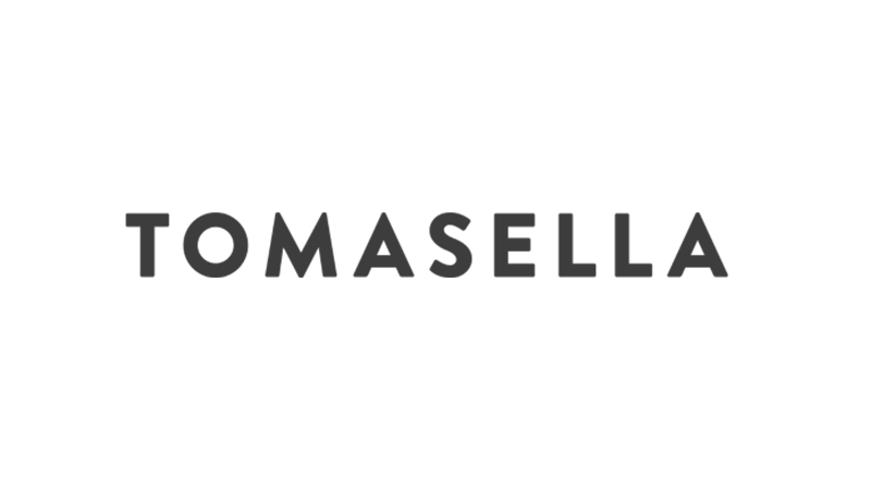 Brand logo with the word TOMASELLA in dark gray on a black background