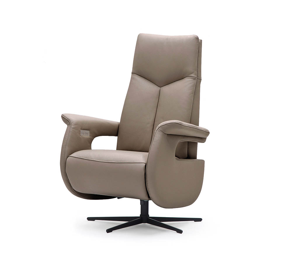 Beige leather recliner chair with padded armrests and a four-spoke pedestal base for swiveling.